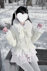 [Diamond Strawberry] Long Sleeves Bow Lace Pearl-Decorated Sweet Jirai Kei Lolita Coat 3 Colors - Product - 13