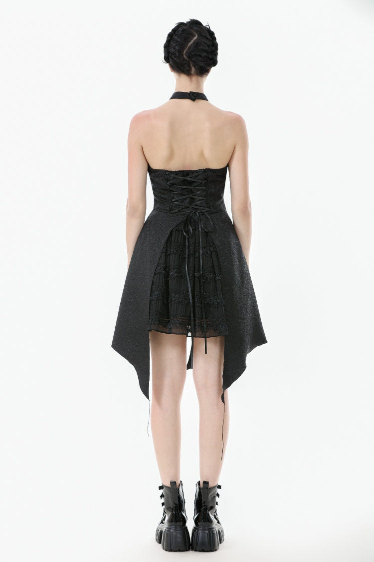 Black Off Shoulder Halterneck Sleeveless Lace Lace-Up Women's Gothic Party Dress - Product - 4