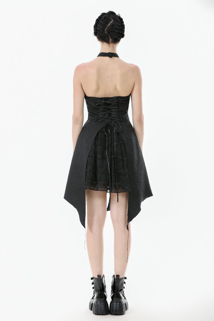 Black Off Shoulder Halterneck Sleeveless Lace Lace-Up Women's Gothic Party Dress - Product - 4