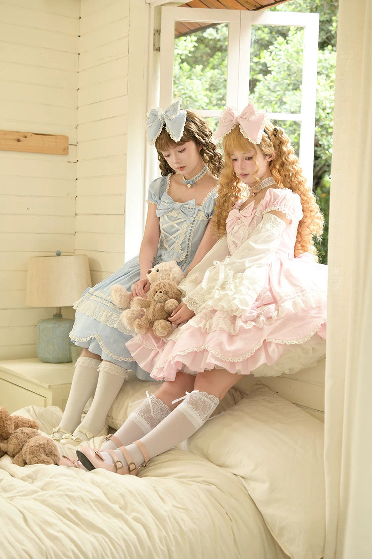 Blue [Petal Bunny] Cotton Square Collar Short Sleeves Double-Layered Ruffled Bow Lace Lace-Up Sweet Lolita Dress - Product - 5