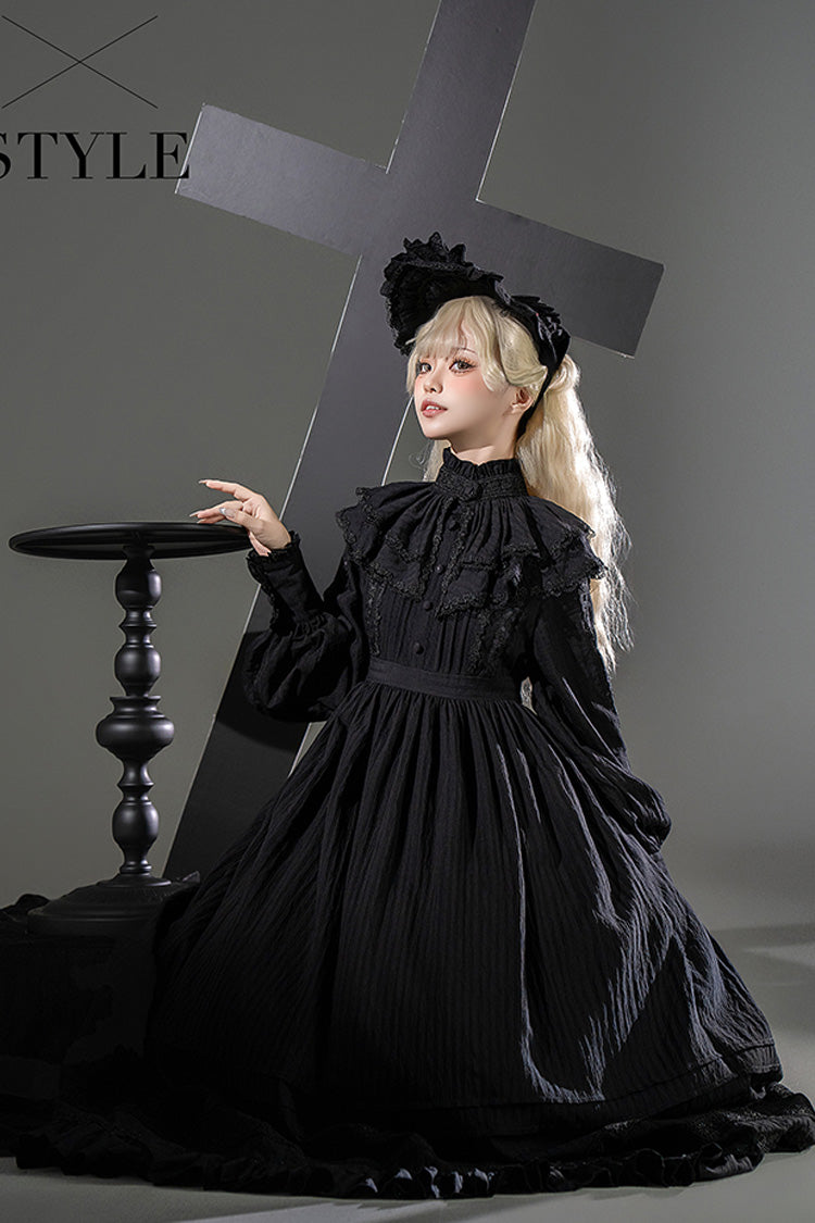 Black [Quiet Place] Long Sleeves Jacquard Ruffle Embroidery Bowknot Gothic Lolita Dress - Product - 8