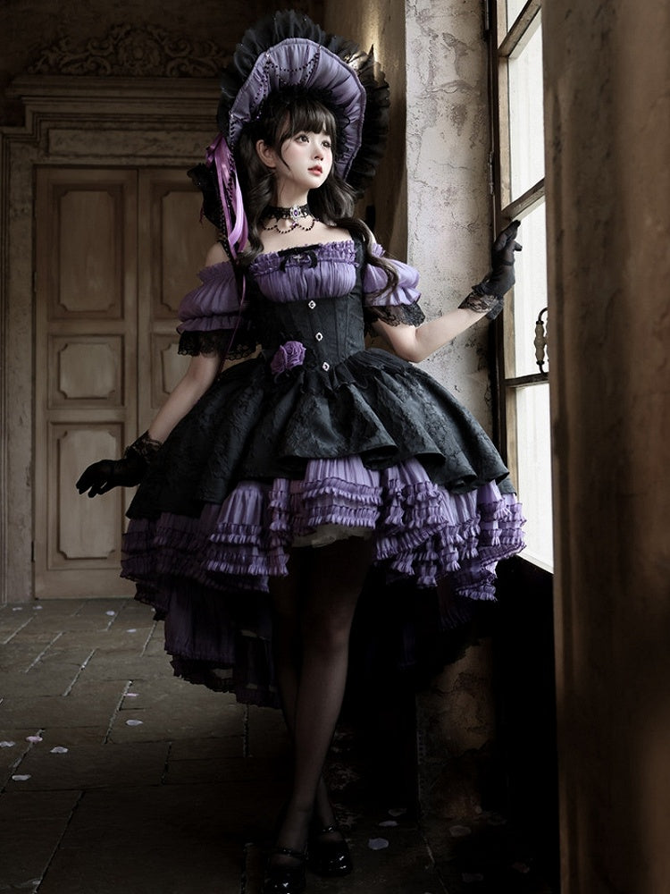 Purple & Black Gothic Underbust JSK Dress and Off-Shoulder Blouse Set detail view 6