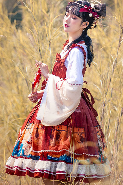 Wine Ukiyolu Cat Print Long Sleeves Chinese Style Fake Two Pieces Bowknot Ruffled Sweet Lolita OP Dress - Product - 5