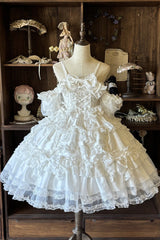 White [Spring Cherry Snowfall] Off Shoulder Short Sleeves Multi-Layered Ruffled Bow Sweet Lolita Jsk Dress - White - 1