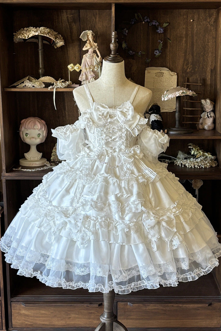 White [Spring Cherry Snowfall] Off Shoulder Short Sleeves Multi-Layered Ruffled Bow Sweet Lolita Jsk Dress - White - 1