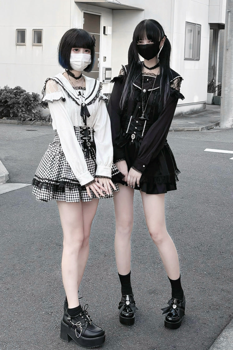Black/White Houndstooth Print Ruffle Bowknot Lace Lace-Up Jirai Kei Japanese Skirt - Product - 6