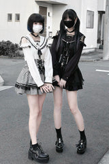 Black/White Houndstooth Print Ruffle Bowknot Lace Lace-Up Jirai Kei Japanese Skirt - Product - 6