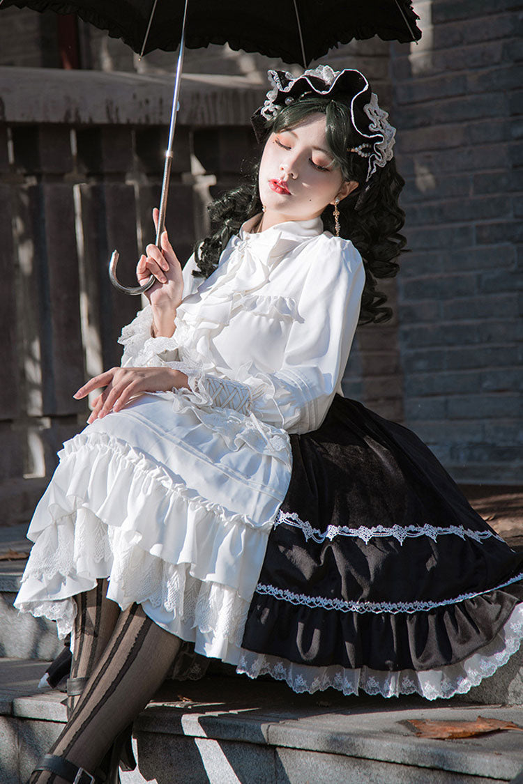 White/Black Stitching Cardigan Ruffled Multi-Layer Gothic Lolita Skirt Dress - Product - 3