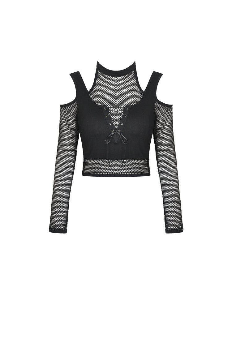 Black Off Shoulder Long Sleeves Lace-Up Chest Straps Sheer Mesh Women's Punk Top - Product - 3