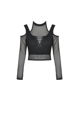 Black Off Shoulder Long Sleeves Lace-Up Chest Straps Sheer Mesh Women's Punk Top - Product - 3
