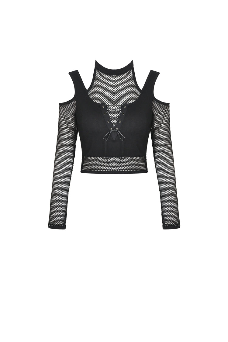 Black Off Shoulder Long Sleeves Lace-Up Chest Straps Sheer Mesh Women's Punk Top - Product - 3