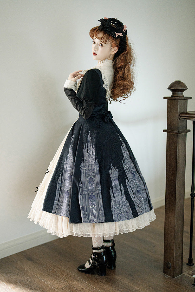 Black/White Church Bells Print Ruffle Cardigan Bowknot Gothic Elegant Lolita Dress - Product - 9
