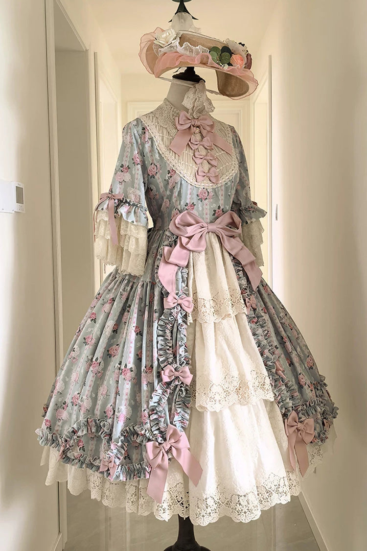 Green [Lilica Garden] Lapel Collar Short Trumpet Sleeves Flower Wall Printed Ruffled Open-Front Bow Lace Sweet Elegant Luxurious Lolita Dress - Product - 7