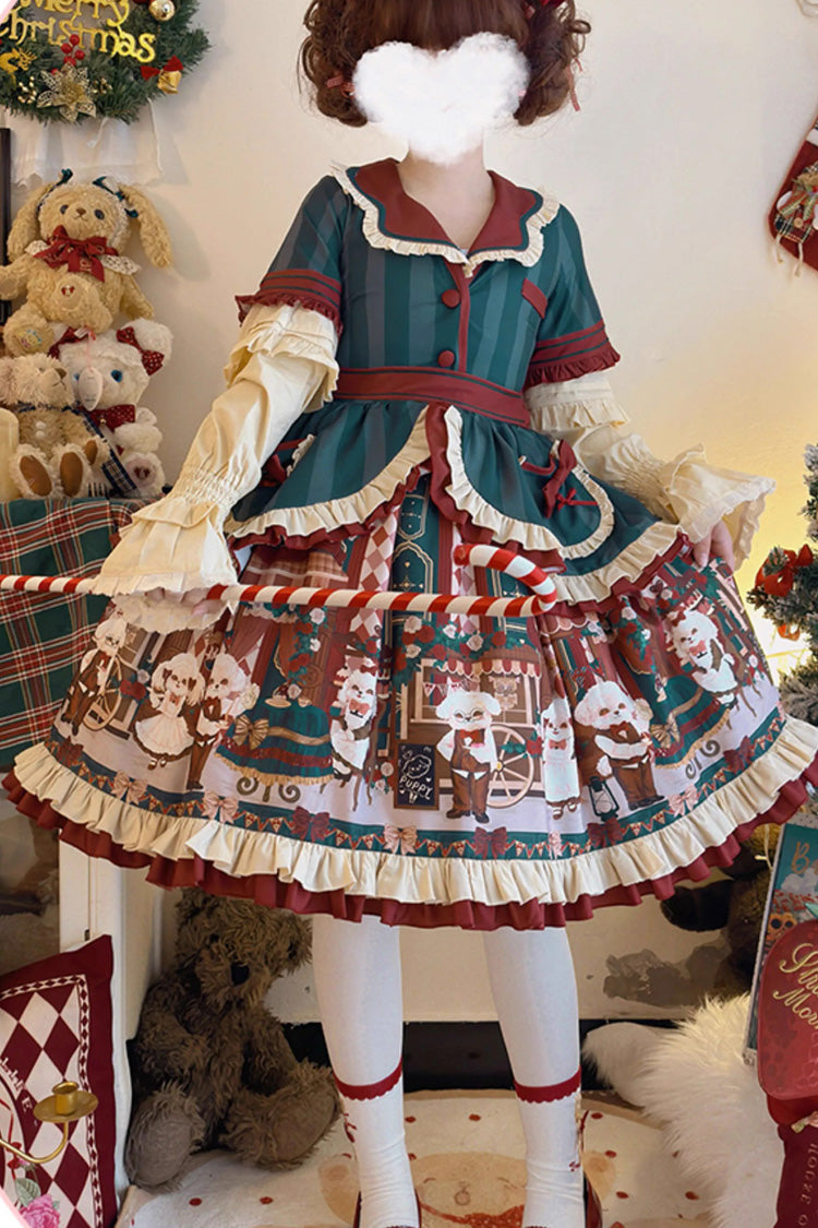 [Puppy Cafe] Print Ruffle Bowknot Sweet Lolita Dress 3 Colors - Product - 2