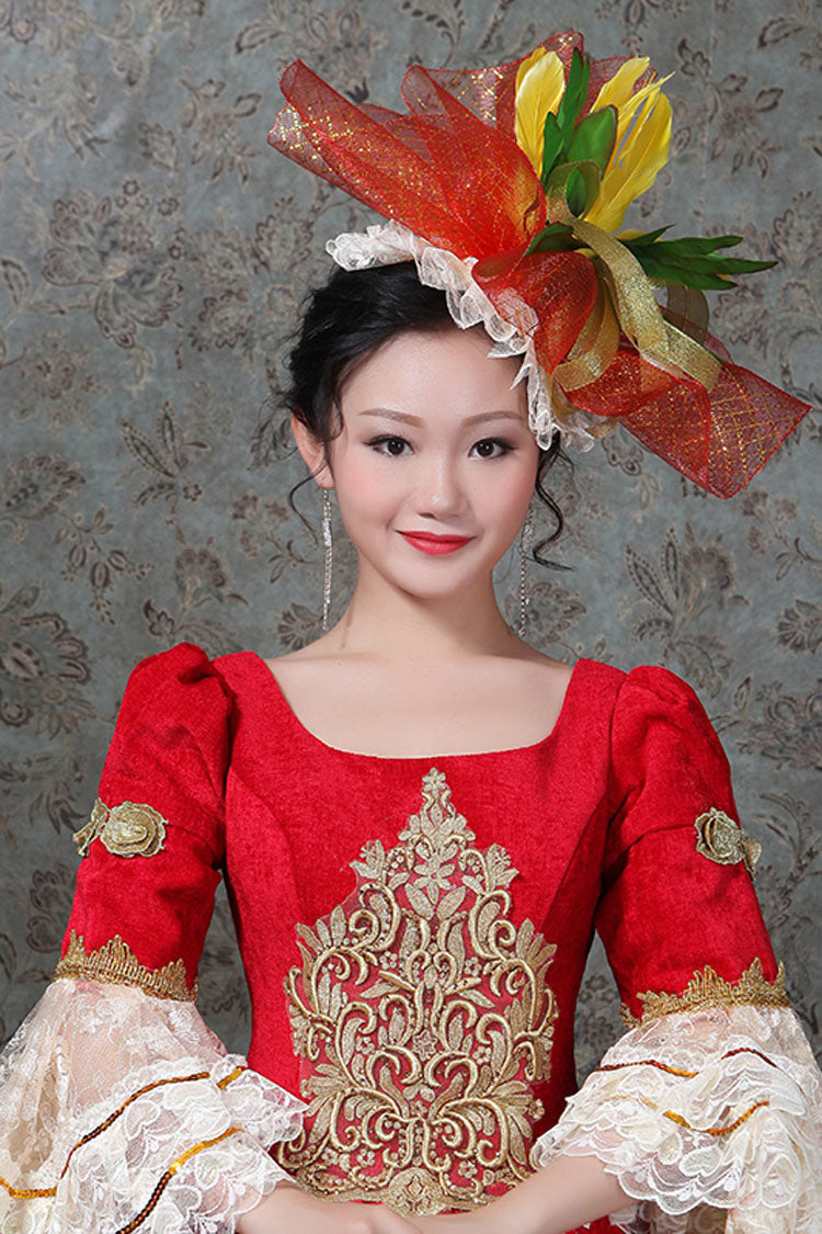 Red Multi-Layer Trumpet Sleeves Half Sleeves High Waisted Embroidery Print Victorian Lolita Prom Dress - Product - 4