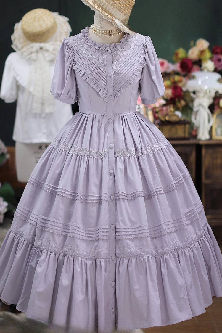Elegant Cardigan Round Neck Short Sleeves Ruffle One Piece Sweet Lolita Dress 8 Colors - Purple - 6