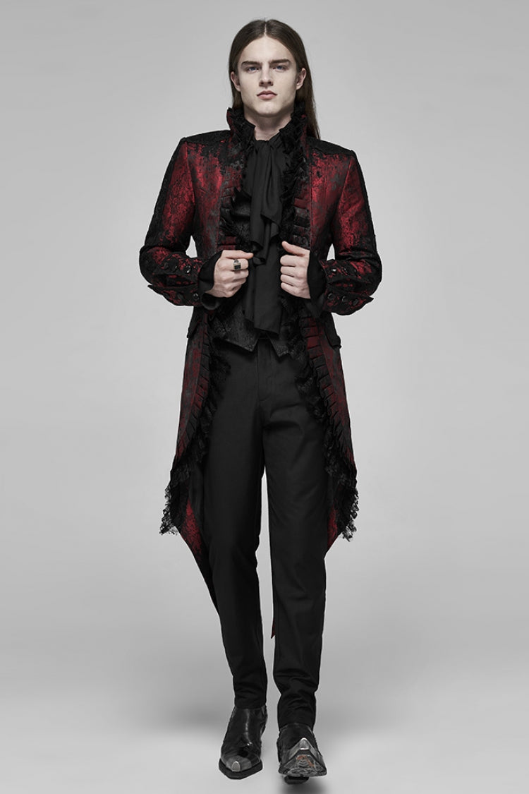 Black/Red Long Sleeves Lace Gorgeous Men's Gothic Vintage Tuxedo Coat - Product - 4