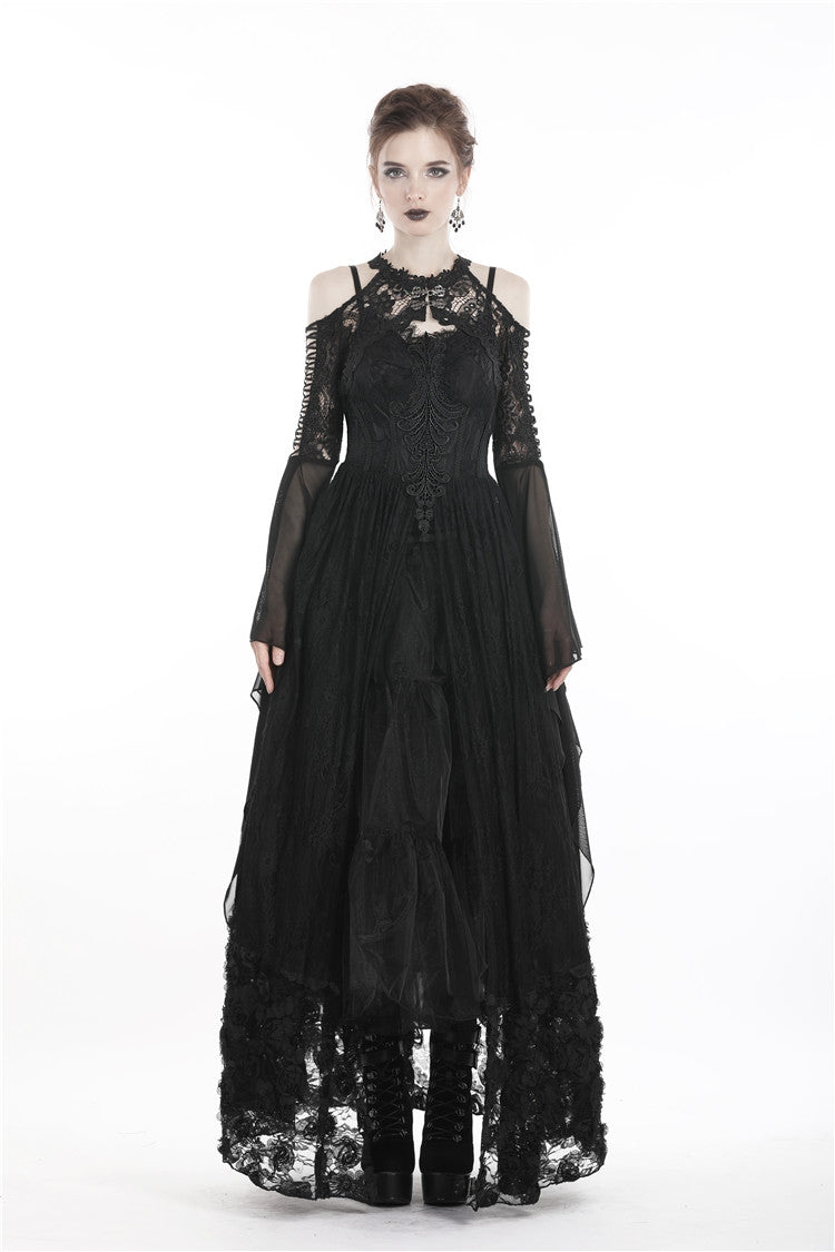 Black Off Shoulder Sheer Lace Long Trumpet Chiffon Sleeves Cut-Out Women's Gothic Capelet - Product - 10