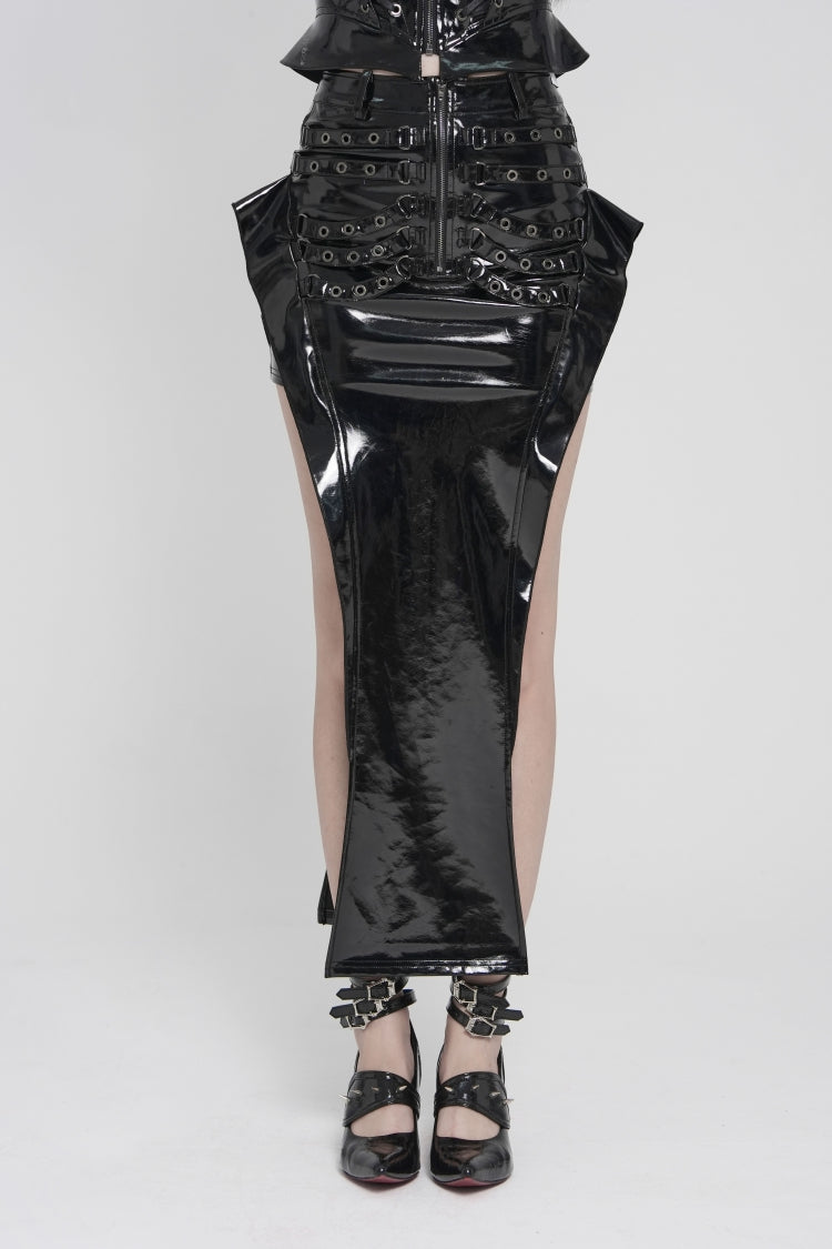Black Cut-Out Irregular Zippered Women's Punk Long Skirt - Product - 8