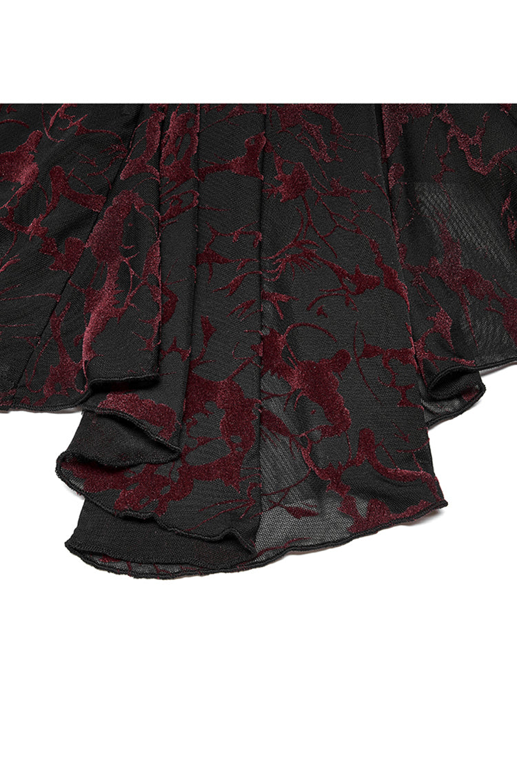 Red V Neck Stretch Mesh Fabric Abstract Pattern Design Flared Cuffs Women's Plus Size Gothic T-Shirt - Product - 9