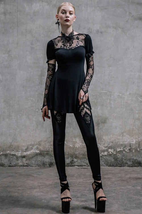 Black Sexy Mid-Length Patterned Lace Modal Women Gothic T-Shirt With Necklace - Product - 5