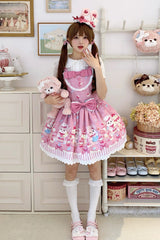Pink [Cupid Bunny] Printed Sleeveless Bow Sweet Princess Lolita Strap Dress - Product - 6