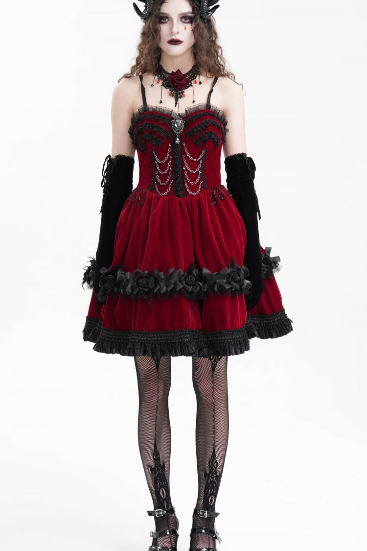 Red Chain Ruffle Lace Women's Gothic Slip Dress - Red - 1