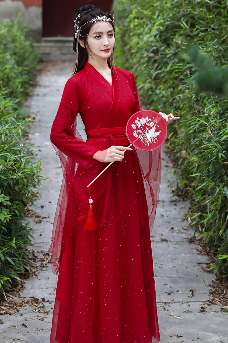 Red Long Sleeves Lace Pearl-Decorated Classic Elegant Hanfu Dress - Product - 4