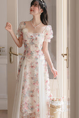 White Floral Pattern Square Collar Short Puff Sleeves Ruffled Open-Front Spliced Sweet Lolita Dress - Product - 4