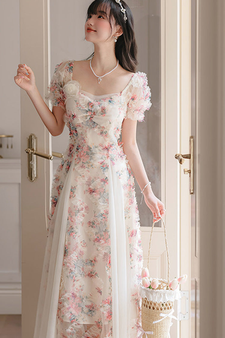 White Floral Pattern Square Collar Short Puff Sleeves Ruffled Open-Front Spliced Sweet Lolita Dress - Product - 4