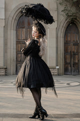 Black Square Collar Metal Chain Organza Stitching Gothic Lolita OP Dress (Short Version) - Product - 4