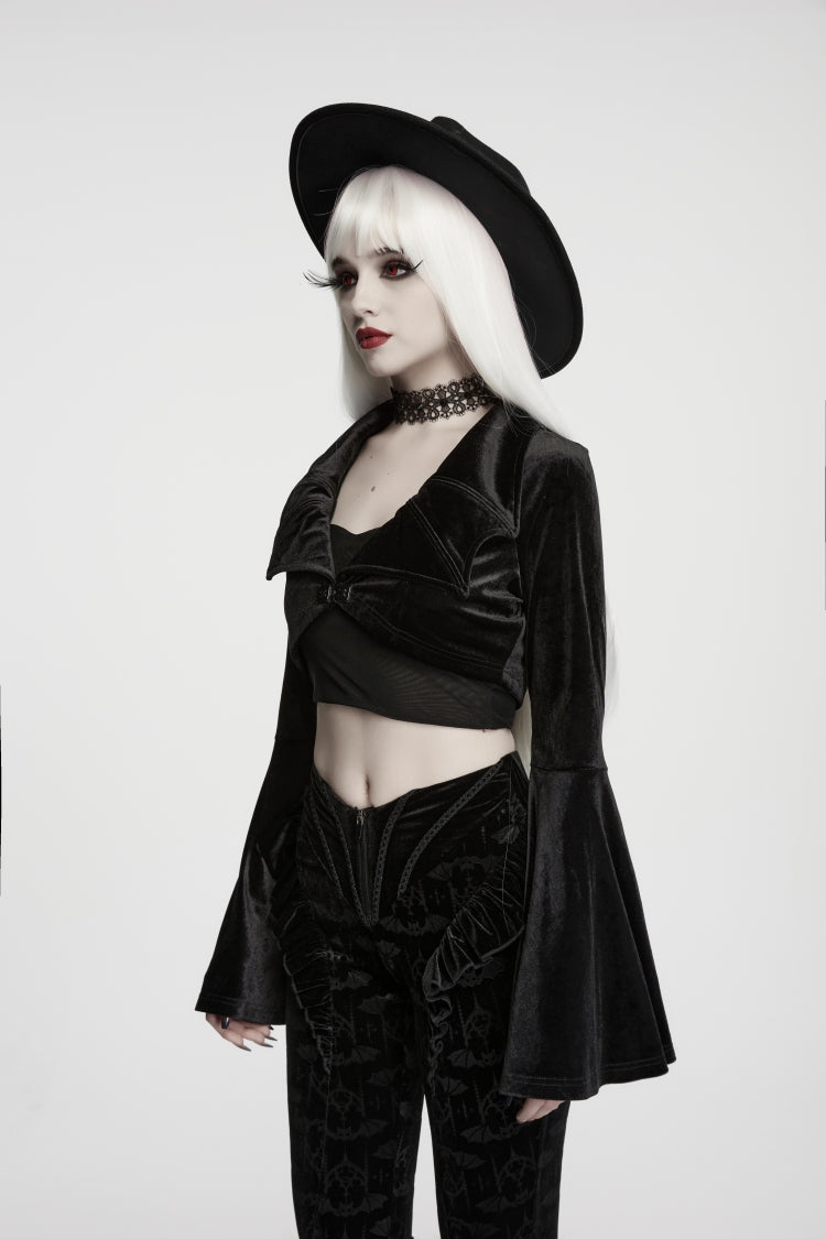 Black  Women's Gothic Velvet Bat Wing Collar Flare Sleeve Short Jacket - Product - 5