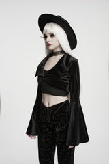 Black  Women's Gothic Velvet Bat Wing Collar Flare Sleeve Short Jacket - Product - 5