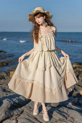 [Summer of Bluebells] Square Collar Sleeveless Jacquard Ruffled Asymmetric Sweet Lolita Skirt Set 2 Colors (Blue/Green, Ivory) - Ivory(Set) - 15