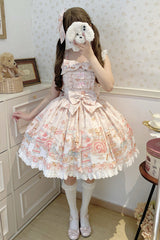 [Berry Dessert Bear] Printed Square Collar Sleeveless Ruffled Bow Casual Sweet Lolita Jsk Dress 2 Colors (Blue, Pink ) - Product - 6