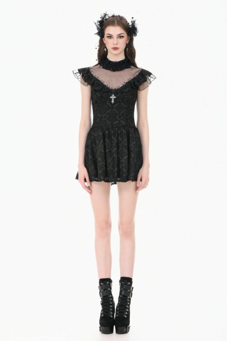 Black Ruffled Mock Neck Floral Cross Lace Splice Sheer Mesh Sleeveless Lace-Up Women's Gothic Dress - Product - 7