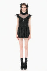 Black Ruffled Mock Neck Floral Cross Lace Splice Sheer Mesh Sleeveless Lace-Up Women's Gothic Dress - Product - 7