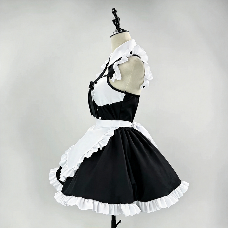 Black and White Ruffled Maid Lolita Dress with Apron Bow Accent - view 6