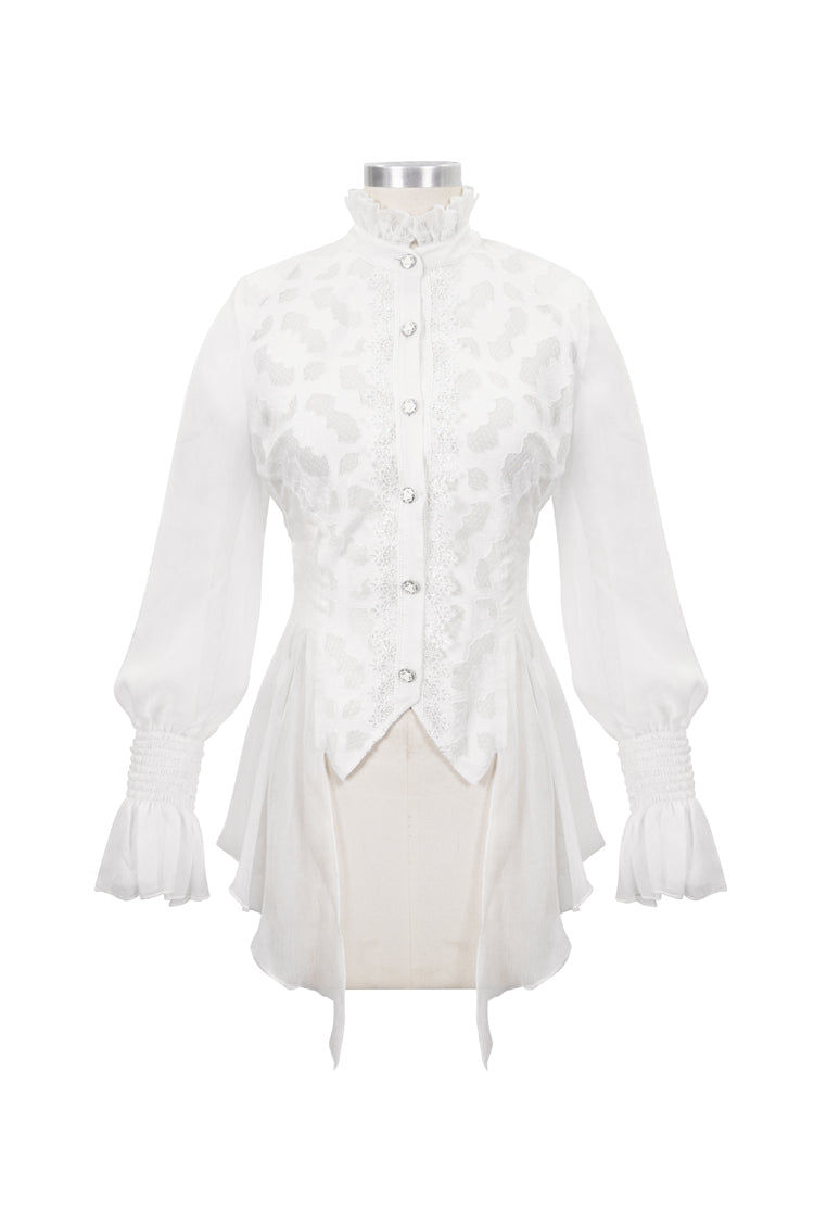 White Chiffon High Collar Front Flare Cuff Back Waist Lace Up Women's Gothic Blouse - Product - 5