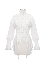 White Chiffon High Collar Front Flare Cuff Back Waist Lace Up Women's Gothic Blouse - Product - 5