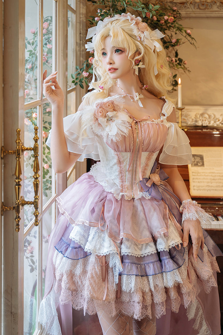Pink/Purple [Rose Memoirs] Sleeveless Multi-Layered Bowknot Lace Sweet Lolita Skirt Set - Product - 4