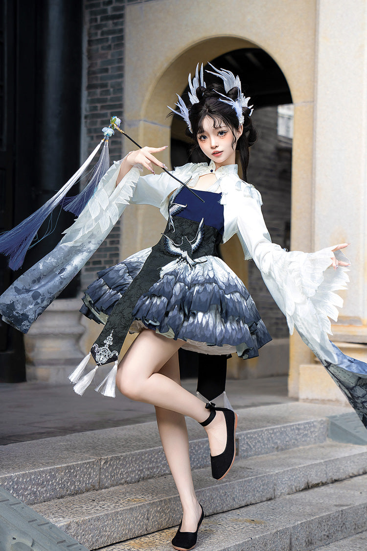 Dark Blue [Feathered Finch] Multi-Layered Print Ruffle Classic Chinese Style Lolita Jsk Dress Set - Product - 5