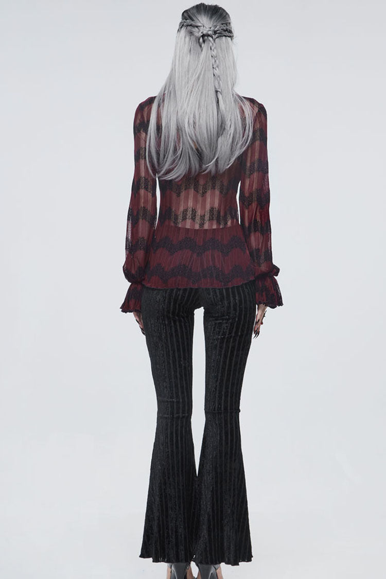 Black Gothic Striped Flocking V-Shaped Cross Lace Stitching Flared Women's Pants - Product - 9