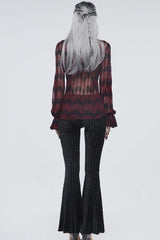 Black Gothic Striped Flocking V-Shaped Cross Lace Stitching Flared Women's Pants - Product - 9