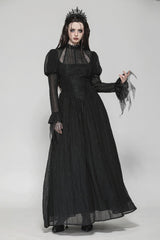 Black Women's Gothic Ruffled Stand Collar Long Puff Sleeves Spiderweb Splice Witch Maxi Dress - Product - 8