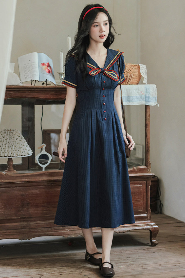 Dark Blue Navy Collar Short Sleeves Subtle Pattern Bow Classic College Style Lolita Dress - Product - 3