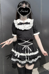 Black [Starry Tulle] Doll Collar Short Sleeves Double-Layered Ruffled Bow Gothic Jirai Kei Japanese Skirt Set - Product - 3