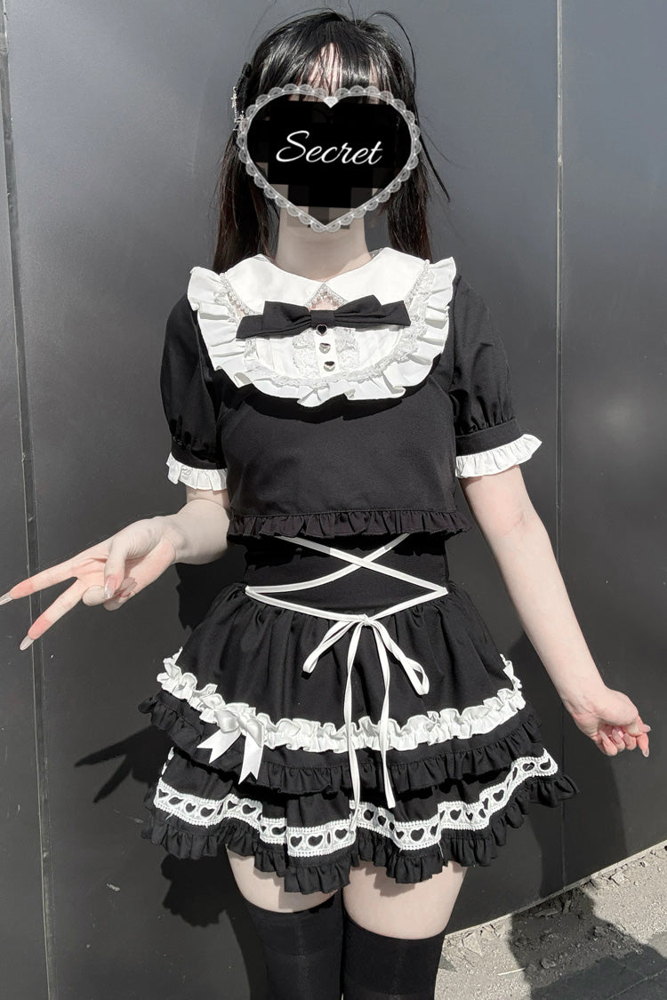 Black [Starry Tulle] Doll Collar Short Sleeves Double-Layered Ruffled Bow Gothic Jirai Kei Japanese Skirt Set - Product - 3