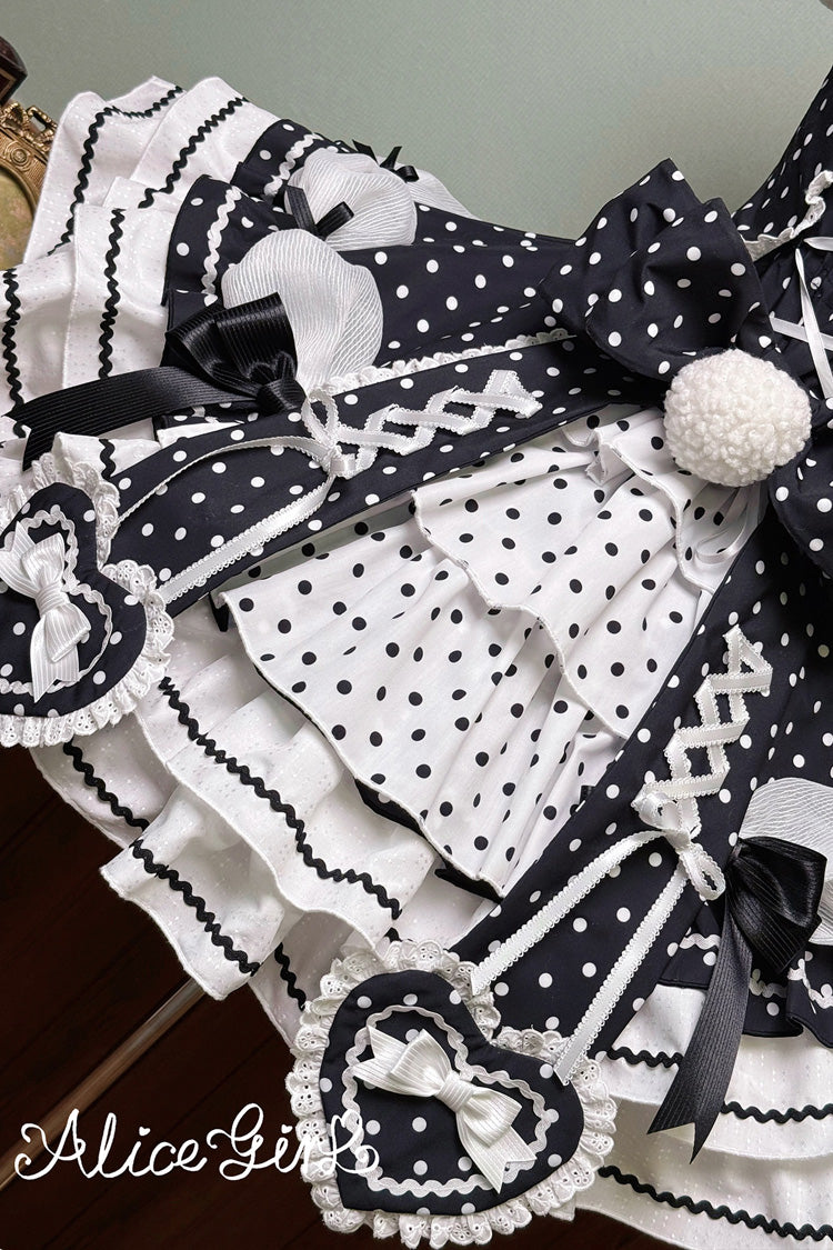 Black/White Halterneck Short Sleeves Triple-Layered Polka Dot Printed Bow Lace-Up Sweet Lolita Dress - Product - 8