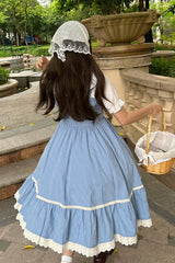 Blue Print Ruffle Stitching Lace Sweet Lolita Strap Dress Set - Product - 3